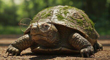 Fototapeta premium Turtle Wearing Glasses Crawling on Path with Mossy Shell Closeup