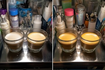Coffee Beverages in Glasses with Skincare Products in Background