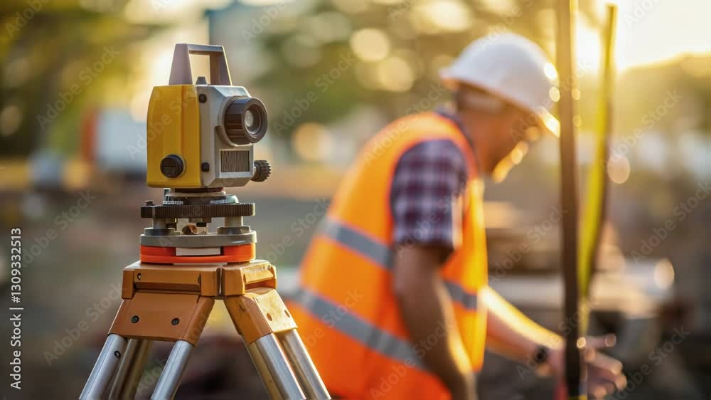 Poster skilled surveyor measuring land using advanced theodolite at golden hour construction site, capturin