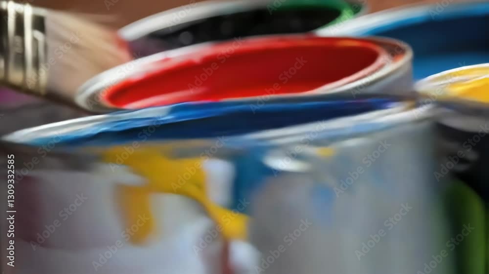 Poster multiple paintbrushes are dipping into various paint cans filled with vibrant colors, creating a dyn