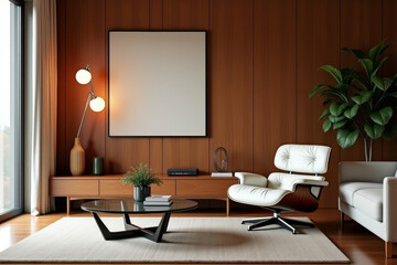 A stylish modern mid-century living room with warm tones and minimalist decor  .