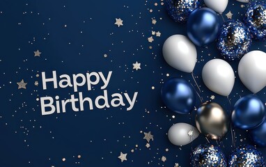 Happy Birthday 3d background minimalistic mockup with space for text in cosmic deep blue and silver
