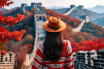 Visiting the Great Wall of China during autumn with vibrant foliage and a traveler in a hat