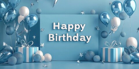 Happy Birthday 3d background minimalistic mockup with space for text in elegant sapphire blue