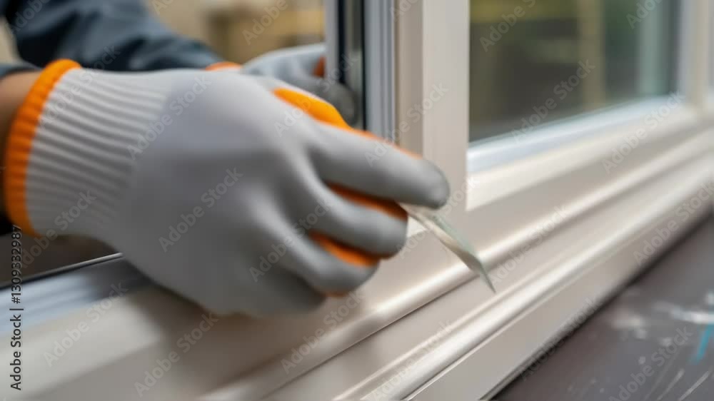 Poster Professional construction worker removing excess silicone sealant from recently installed window frame, demonstrating precision and skilled craftsmanship during home improvement process