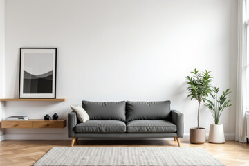 A stylish modern mid-century living room with warm tones and minimalist decor  .