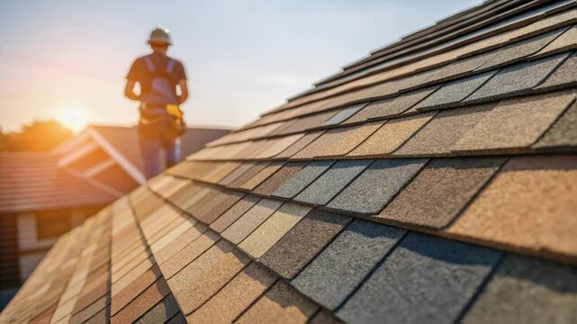 Professional roofer carefully walking across newly shingled roof during golden sunset, meticulously inspecting roofing installation quality with warm glowing sky illuminating residential exterior