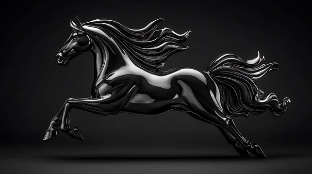 Black horse statue, running, dark background, 3D render, logo design