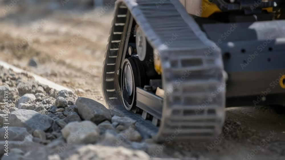 Poster Technical robotic vehicle navigating rocky terrain, showcasing advanced mobility and autonomous movement capabilities across challenging outdoor industrial landscape