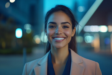 Young smiling businessman posing confidently, dressed in modern executive clothes, on a technological city background with an illuminated office building.