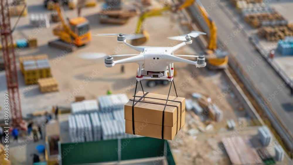 Poster Innovative delivery system using a drone transporting a cardboard box across a busy construction site, showcasing the future of logistics and efficiency in the industry