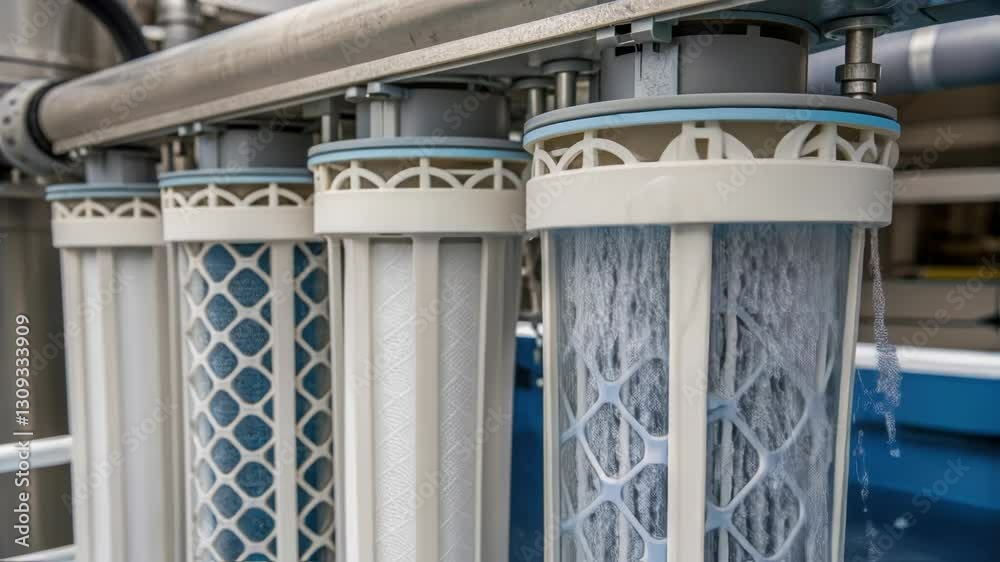 Poster Water purification system filtering process showing four filters working in sequence, cleaning and purifying water in an industrial environment