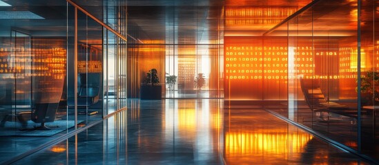 Modern office lobby, glass walls, warm lighting, city view