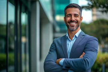 Fototapeta premium Young smiling businessman posing confidently, dressed in modern executive clothes, on a technological city background with an illuminated office building.