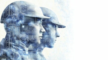 A vibrant blue circuit board pattern merging with a factory skyline, representing industrial cybersecurity in a modern context.