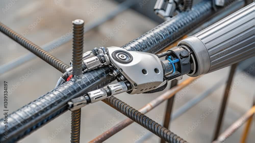 Aufkleber Precision robotic arm positioning steel reinforcement bar with mechanical accuracy, highlighting advanced automation within modern construction engineering process
