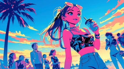 Retro Summer Vibes, vibrant beachside scene with friends dancing, bold black outlines, solid colors, nostalgic boombox playing cassette music under a sunset sky.