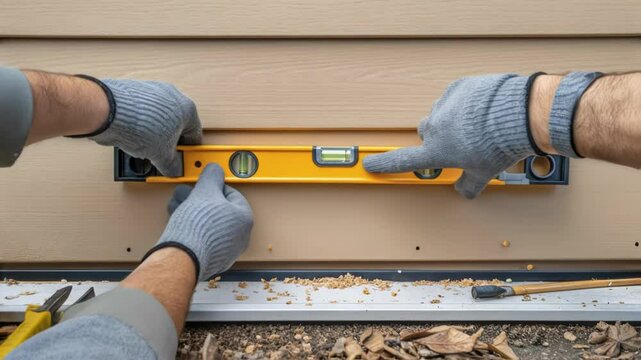 Construction worker carefully leveling exterior siding, meticulously checking horizontal alignment using spirit level and making precise adjustments during home renovation process