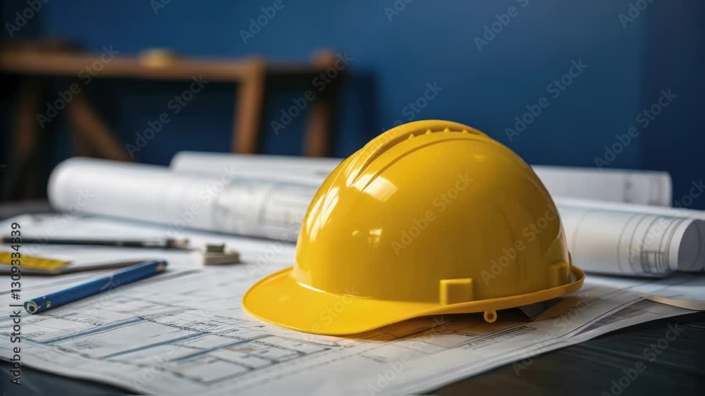 Poster engineering concept with yellow safety helmet resting on a blueprint in an architect's office, sugge