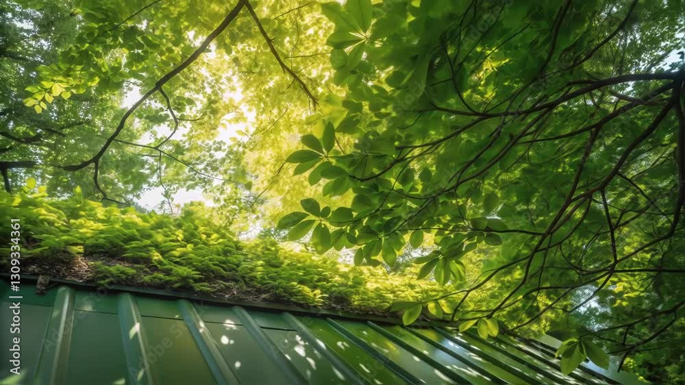 Poster Warm sunlight filtering through lush green tree canopy, casting dappled light patterns across verdant metal roof surface, highlighting natural interplay of shadow and illumination