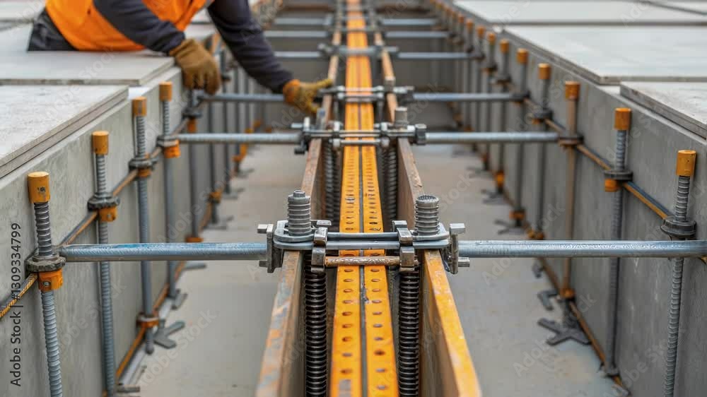 Poster construction worker meticulously adjusts metal formwork, ensuring precise alignment and stability fo