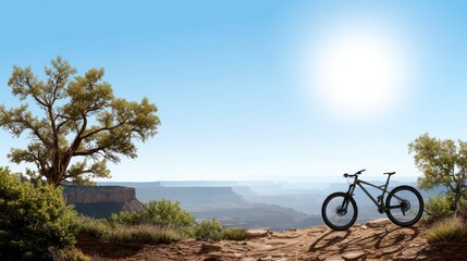 Obraz premium Mountain bike rests on scenic canyon rim trail, under bright sun, with a tree and vast landscape.