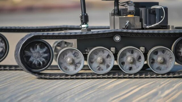 Autonomous tracked robot traversing concrete surface, demonstrating advanced mobility and precise navigation through rugged technological terrain