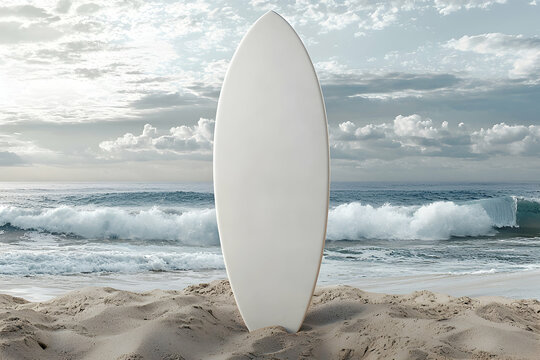 A blank surfboard mockup standing upright in the sand, with a scenic view of the ocean waves behind.
