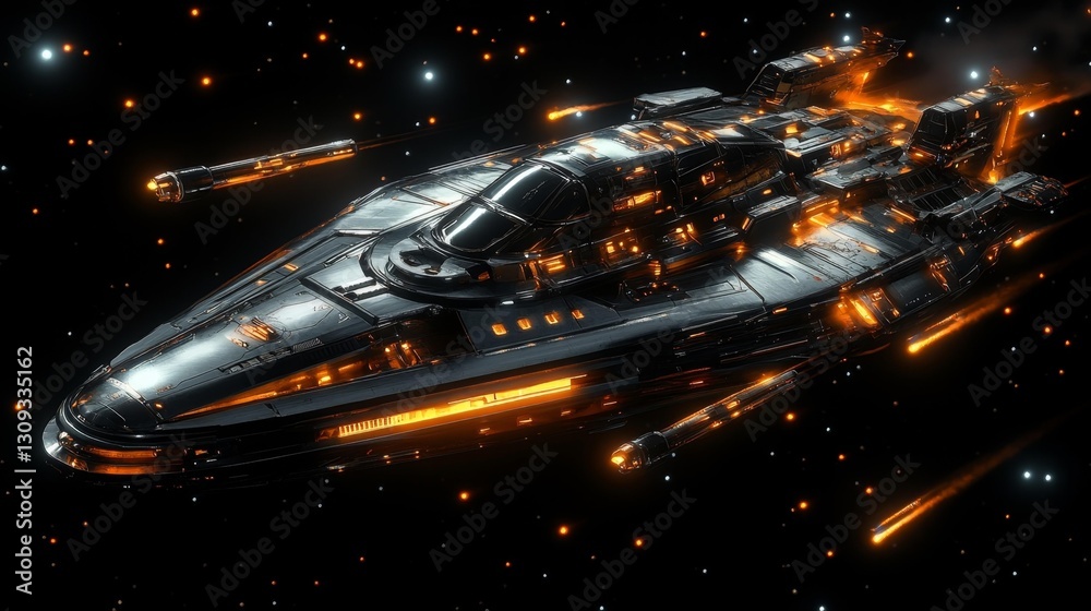 Wall mural sleek sci-fi spaceship flying through space with fiery lights and futuristic design. generative ai
