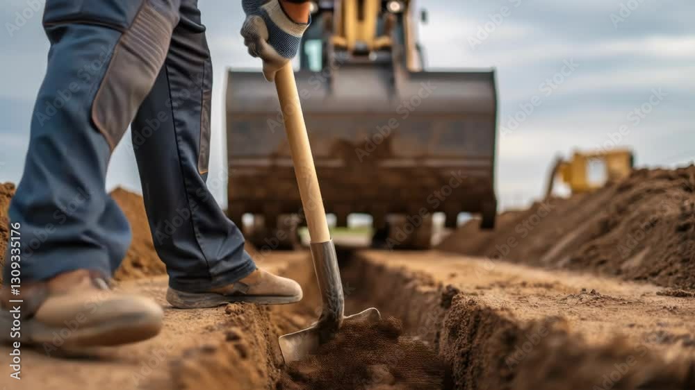 Poster construction worker digging a ditch on a construction site, using a shovel with an excavator in the 