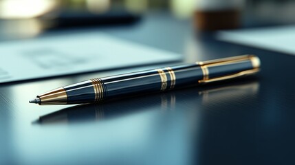 A luxury pen with a silver clip lying flat on a matte, dark minimalist table