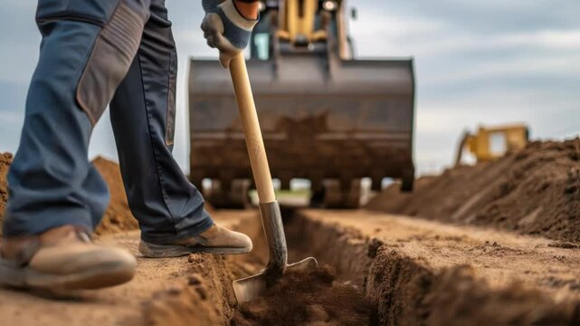 Construction worker digging a ditch on a construction site, using a shovel with an excavator in the background, throwing dirt out of the trench