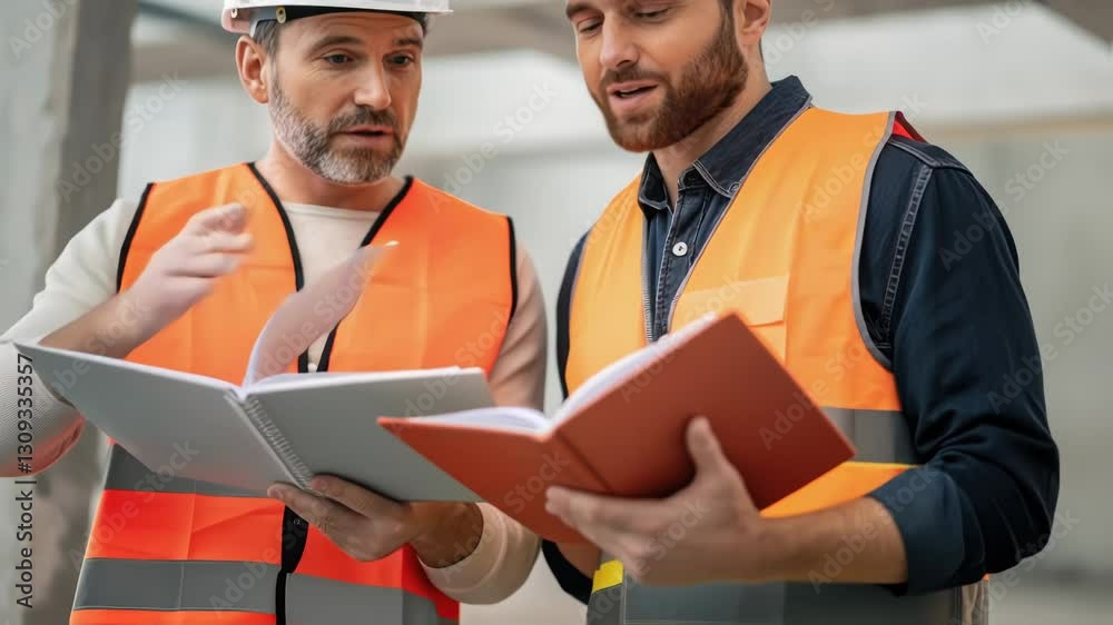 Poster two engineers wearing safety vests are reviewing blueprints and discussing project details on a cons