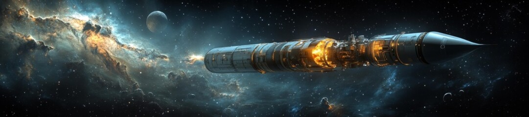 Fototapeta premium Long View of a Massive Spacecraft in Deep Space with Nebulae and Stars. Generative AI