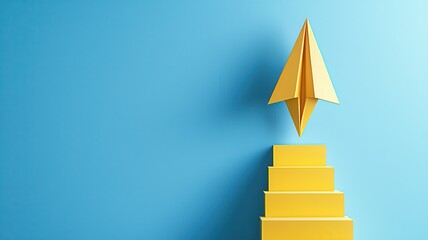 Airplane travel and business growth. Yellow paper airplane on yellow blocks against a blue background symbolizes creativity and progress.