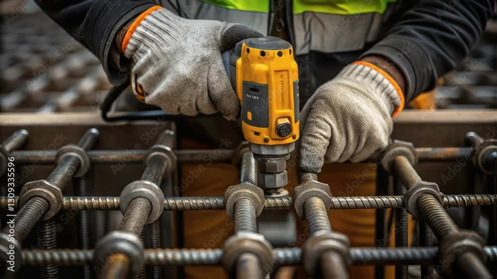 Poster close up of a construction worker wearing gloves and high visibility vest, using a cordless drill to