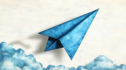 Airplane travel and business growth. Blue paper airplane soaring through clouds against a textured background.