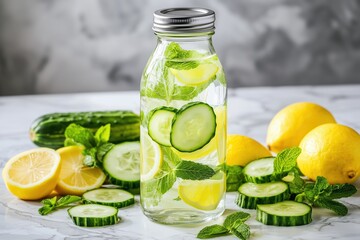 Bottle of detox water with lemon, cucumber, and mint, selective focus