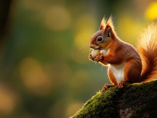 Obraz premium Charming red squirrel enjoying a tasty nut while perched on a mossy tree branch in the golden glow of a forest. Generative AI