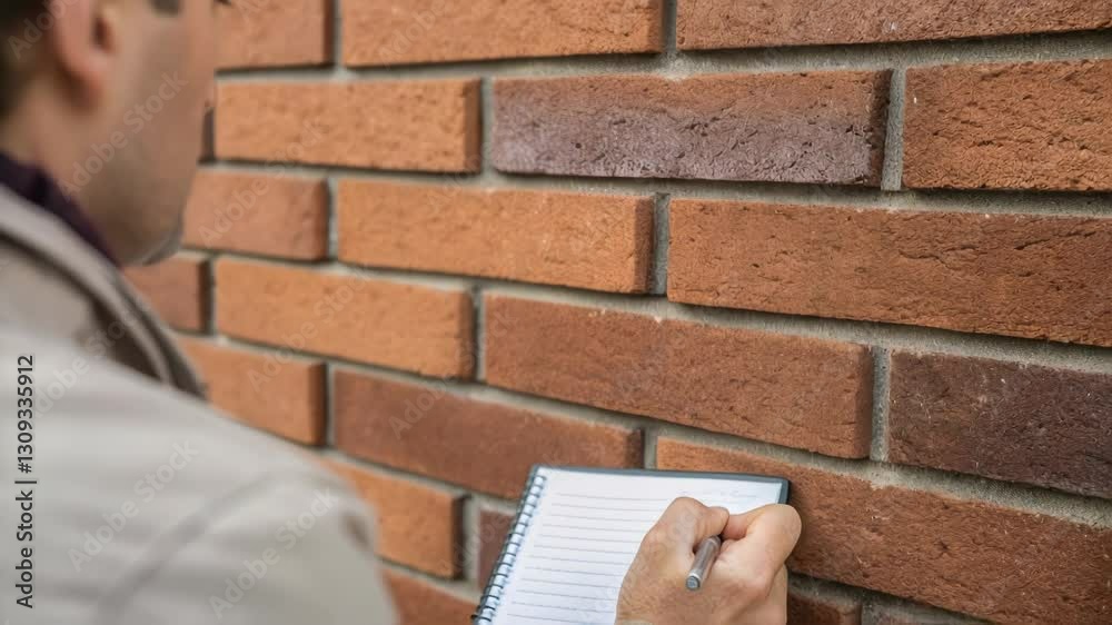 Poster professional inspector examines a brick wall, carefully taking notes in his notebook, ensuring const