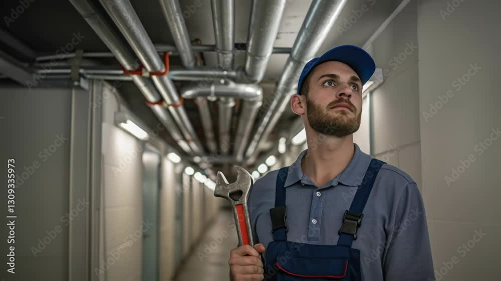 Poster maintenance worker examines pipeline system, holding a wrench and wearing a uniform and cap, suggest