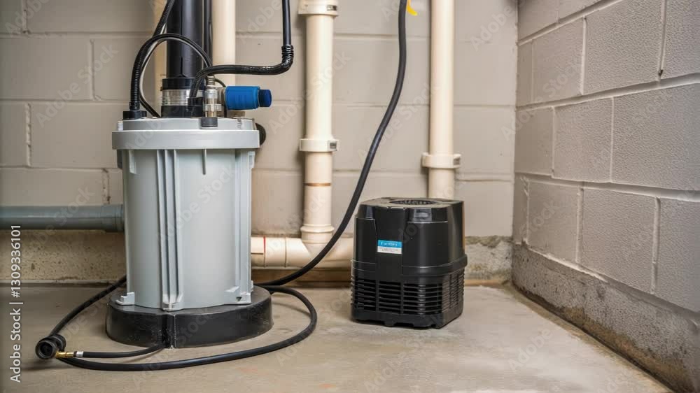 Poster industrial sewage pump with control unit positioned in concrete basement corner, featuring exposed p