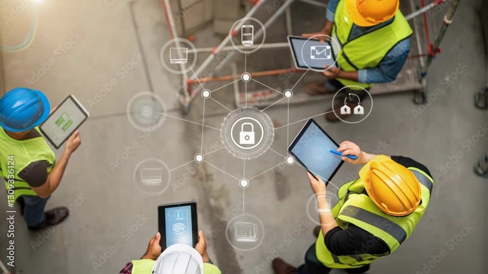 Aufkleber Construction workers in safety gear utilizing digital tablets, sharing networked data through cybersecurity themed digital overlay on building site