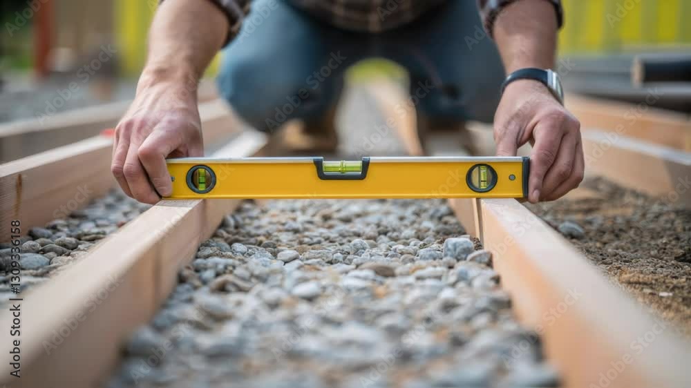 Poster construction worker uses a spirit level to check the level of gravel filling between two wooden beam