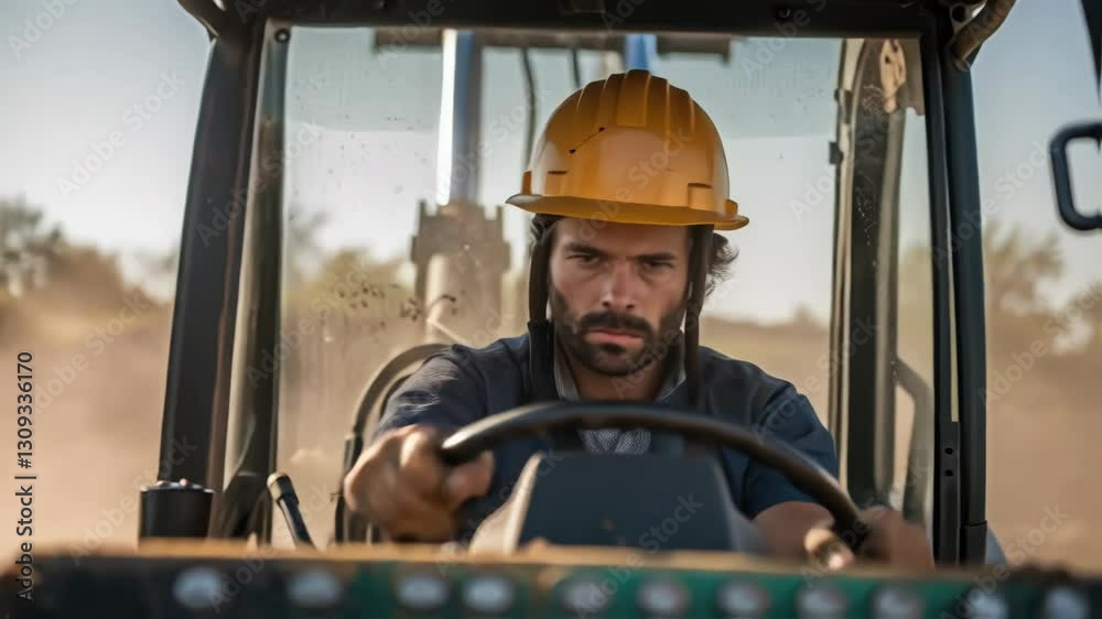 Poster skilled engineer navigating powerful tractor across dusty industrial quarry landscape, displaying pr