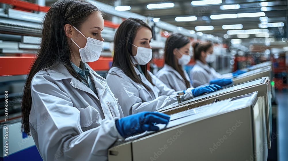 Poster Efficient factory workers in lab coats and masks focus on tasks