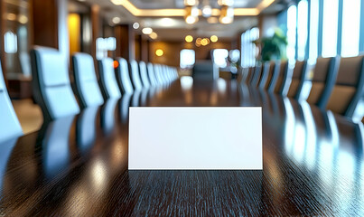 A blank nameplate mockup placed neatly on a long, dark wood conference table in a professional setting.