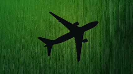Airplane travel and business growth. Silhouette of an airplane flying over lush green fields.