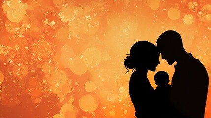Silhouettes of family, holding baby, warm orange bokeh background