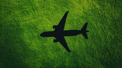 Airplane travel and business growth. Shadow of an airplane on a lush green field.